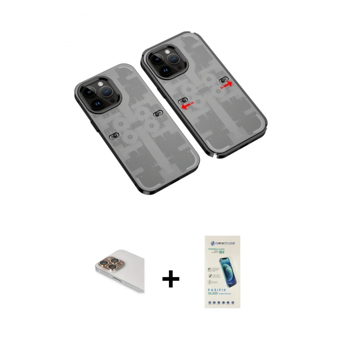 MARSİLYAN™- iPhone 13 Pro Max Kılıf Ufuk Doku Prime - Şeffaf Pasifik Cam Ekran Koruyucu + Pers Alüminyum Kamera Lens - GD