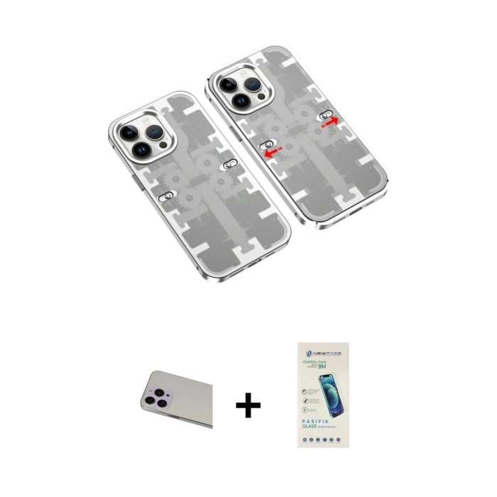 MARSİLYAN™- iPhone 13 Pro Max Kılıf Ufuk Doku Prime - Şeffaf Pasifik Cam Ekran Koruyucu + Rainbow Kamera Lens Koruma Cam - MR