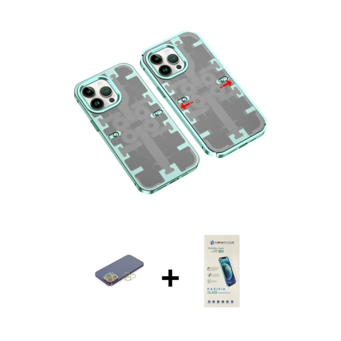 MARSİLYAN™- iPhone 13 Pro Max Kılıf Ufuk Doku Prime - Şeffaf Pasifik Cam Ekran Koruyucu + Renkli Kamera Lens Koruma Cam - SI