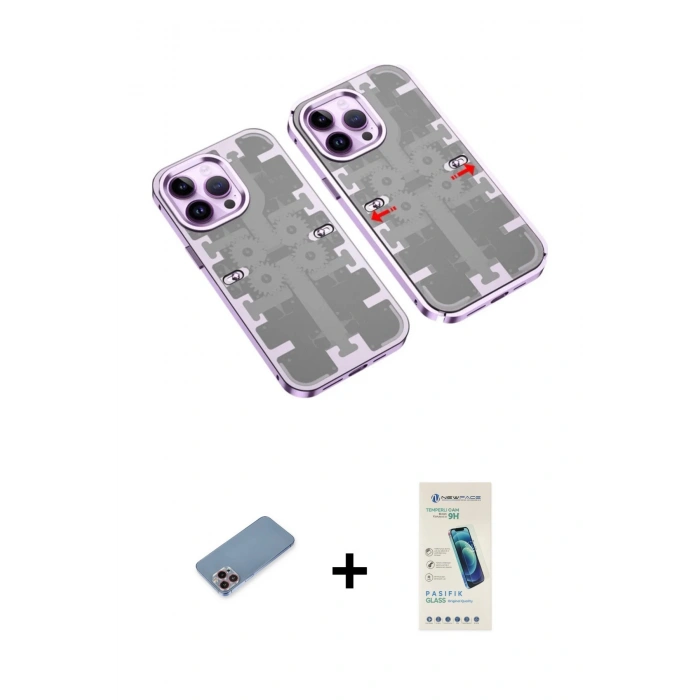 MARSİLYAN™- iPhone 13 Pro Max Kılıf Ufuk Doku Prime - Şeffaf Pasifik Cam Ekran Koruyucu + Shine Kamera Lens Koruma Cam - PE