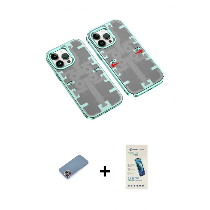 MARSİLYAN™- iPhone 13 Pro Max Kılıf Ufuk Doku Prime - Şeffaf Pasifik Cam Ekran Koruyucu + Shine Kamera Lens Koruma Cam - PE