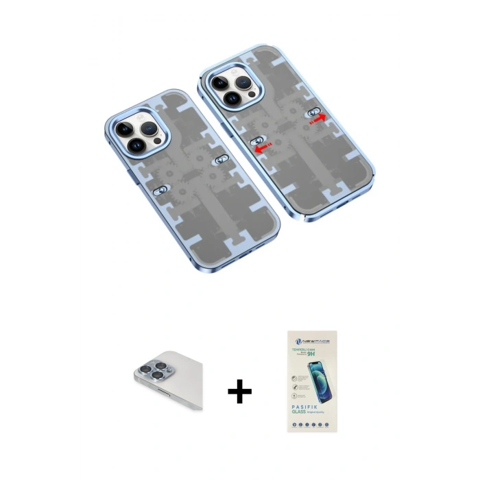 MARSİLYAN™- iPhone 13 Pro Max Kılıf Ufuk Doku Prime - Şeffaf Pasifik Cam Ekran Koruyucu + Sierra Blue Pers Alüminyum Kamera Lens