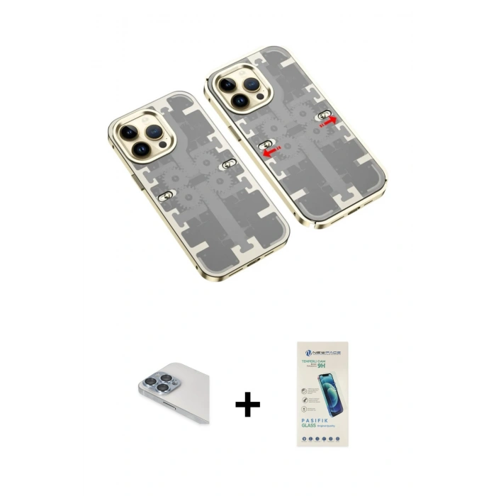 MARSİLYAN™- iPhone 13 Pro Max Kılıf Ufuk Doku Prime - Şeffaf Pasifik Cam Ekran Koruyucu + Sierra Blue Pers Alüminyum Kamera Lens