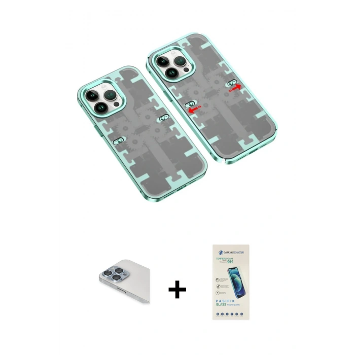 MARSİLYAN™- iPhone 13 Pro Max Kılıf Ufuk Doku Prime - Şeffaf Pasifik Cam Ekran Koruyucu + Sierra Blue Pers Alüminyum Kamera Lens