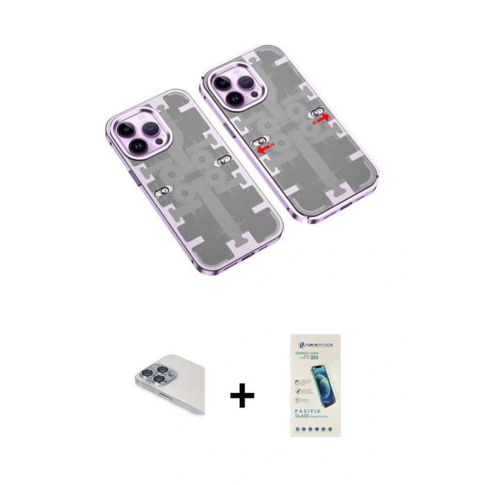 MARSİLYAN™- iPhone 13 Pro Max Kılıf Ufuk Doku Prime - Şeffaf Pasifik Cam Ekran Koruyucu + Sierra Blue Pers Alüminyum Kamera Lens