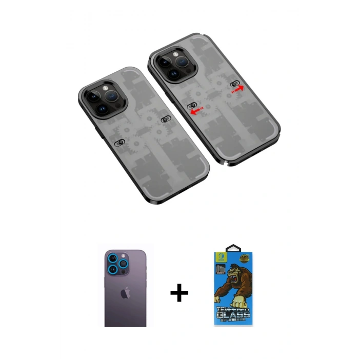 MARSİLYAN™- iPhone 13 Pro Max Kılıf Ufuk Doku Prime - Siyah 18D Cam Ekran Koruyucu + Neon Fosforlu Kamera Lens - MI