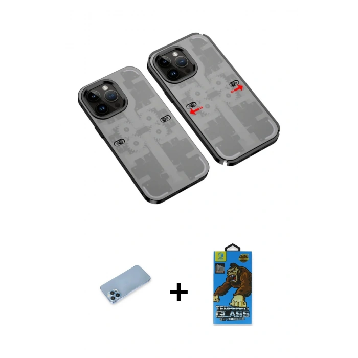 MARSİLYAN™- iPhone 13 Pro Max Kılıf Ufuk Doku Prime - Siyah 18D Cam Ekran Koruyucu + Shine Kamera Lens Koruma Cam - MI