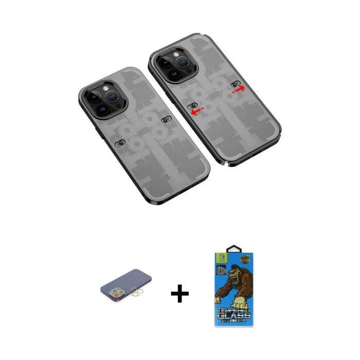 MARSİLYAN™- iPhone 13 Pro Max Kılıf Ufuk Doku Prime - Siyah 18D Cam Ekran Koruyucu + Renkli Kamera Lens Koruma Cam - SI