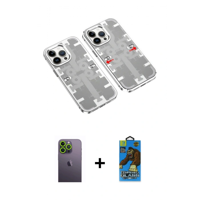 MARSİLYAN™- iPhone 13 Pro Max Kılıf Ufuk Doku Prime - Siyah 18D Cam Ekran Koruyucu + Neon Fosforlu Kamera Lens - YL