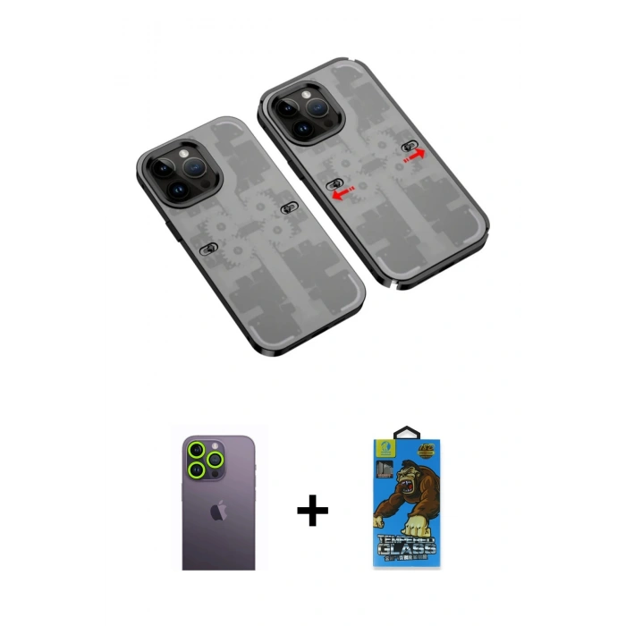 MARSİLYAN™- iPhone 13 Pro Max Kılıf Ufuk Doku Prime - Siyah 18D Cam Ekran Koruyucu + Neon Fosforlu Kamera Lens - YL
