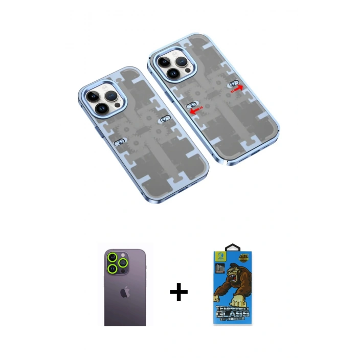 MARSİLYAN™- iPhone 13 Pro Max Kılıf Ufuk Doku Prime - Siyah 18D Cam Ekran Koruyucu + Neon Fosforlu Kamera Lens - YL