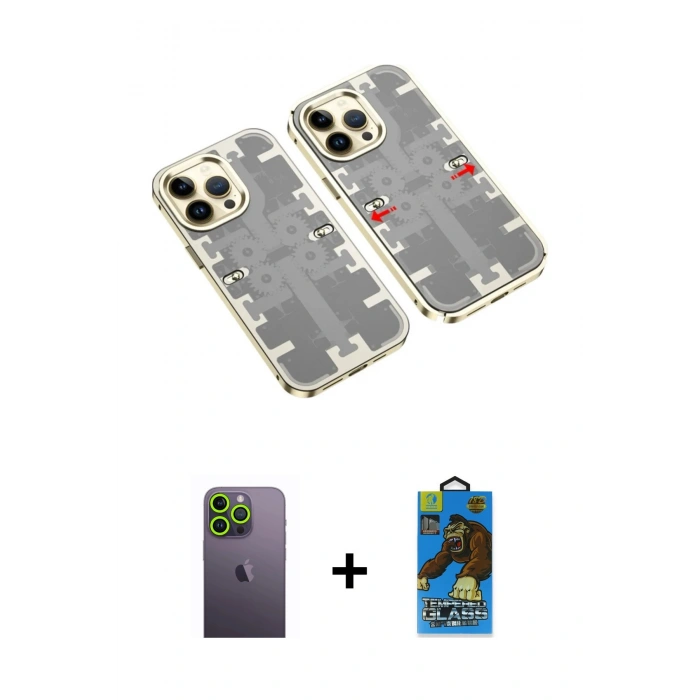 MARSİLYAN™- iPhone 13 Pro Max Kılıf Ufuk Doku Prime - Siyah 18D Cam Ekran Koruyucu + Neon Fosforlu Kamera Lens - YL