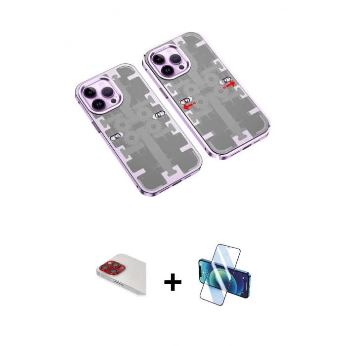MARSİLYAN™- iPhone 13 Pro Max Kılıf Ufuk Doku Prime - Siyah 3D Antistatik Cam Ekran Koruyucu + Pers Alüminyum Kamera Lens - KI