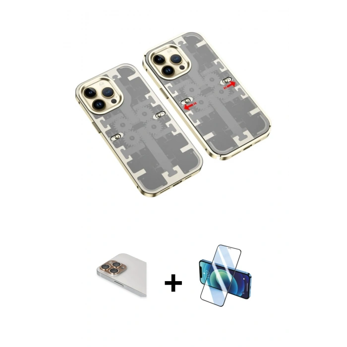 MARSİLYAN™- iPhone 13 Pro Max Kılıf Ufuk Doku Prime - Siyah 3D Antistatik Cam Ekran Koruyucu + Pers Alüminyum Kamera Lens - GD