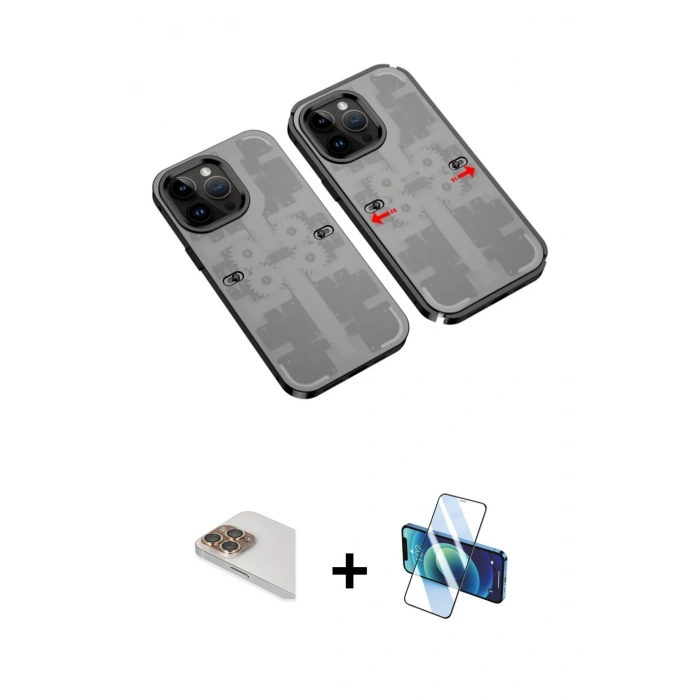 MARSİLYAN™- iPhone 13 Pro Max Kılıf Ufuk Doku Prime - Siyah 3D Antistatik Cam Ekran Koruyucu + Pers Alüminyum Kamera Lens - GD