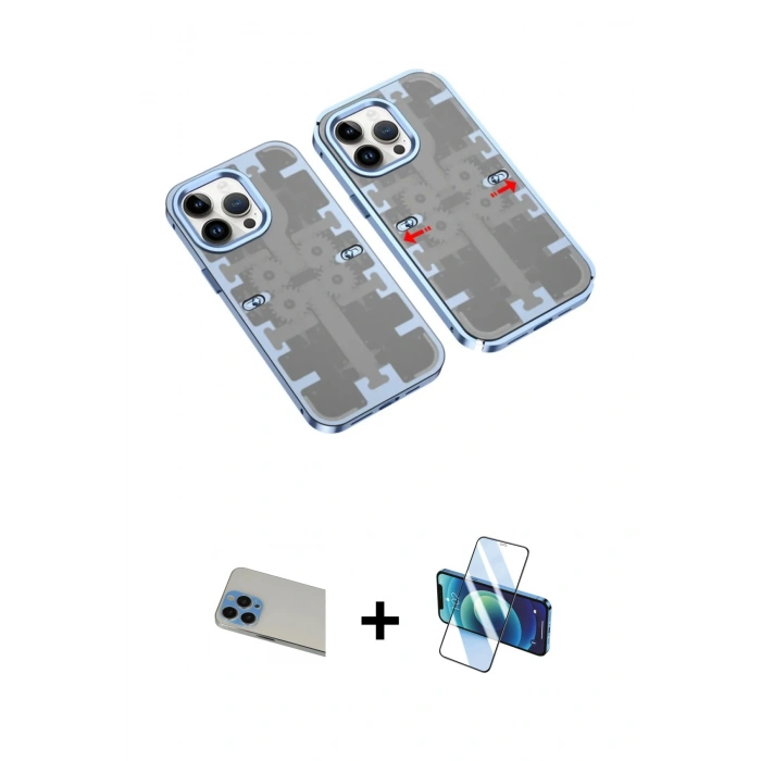 MARSİLYAN™- iPhone 13 Pro Max Kılıf Ufuk Doku Prime - Siyah 3D Antistatik Cam Ekran Koruyucu + Rainbow Kamera Lens Koruma Cam - MI