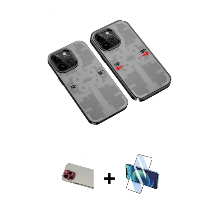 MARSİLYAN™- iPhone 13 Pro Max Kılıf Ufuk Doku Prime - Siyah 3D Antistatik Cam Ekran Koruyucu + Rainbow Kamera Lens Koruma Cam - KI