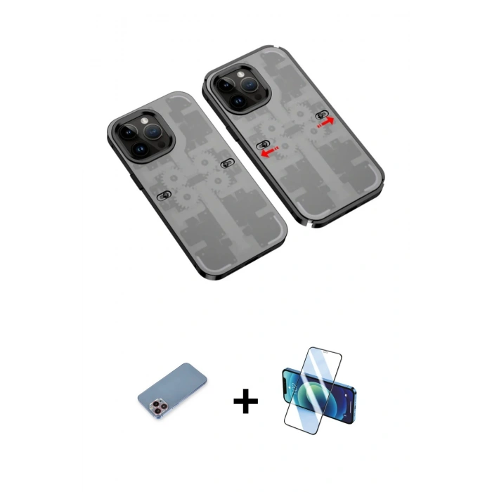 MARSİLYAN™- iPhone 13 Pro Max Kılıf Ufuk Doku Prime - Siyah 3D Antistatik Cam Ekran Koruyucu + Shine Kamera Lens Koruma Cam - PE