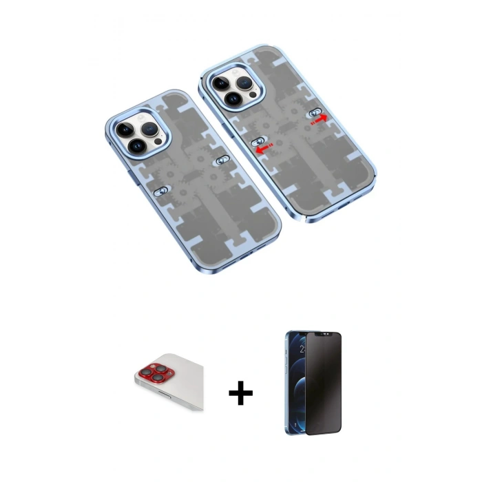 MARSİLYAN™- iPhone 13 Pro Max Kılıf Ufuk Doku Prime - Siyah 3D Antistatik Hayalet Cam Ekran Koruyucu + Pers Alüminyum Kamera Lens - KI