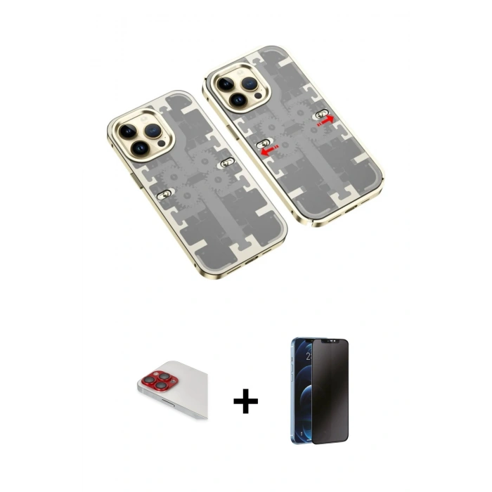 MARSİLYAN™- iPhone 13 Pro Max Kılıf Ufuk Doku Prime - Siyah 3D Antistatik Hayalet Cam Ekran Koruyucu + Pers Alüminyum Kamera Lens - KI