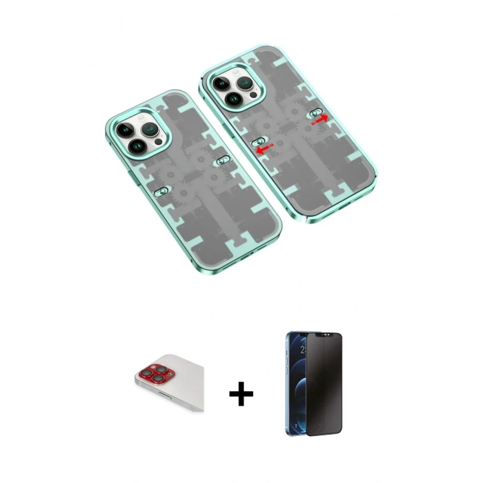 MARSİLYAN™- iPhone 13 Pro Max Kılıf Ufuk Doku Prime - Siyah 3D Antistatik Hayalet Cam Ekran Koruyucu + Pers Alüminyum Kamera Lens - KI