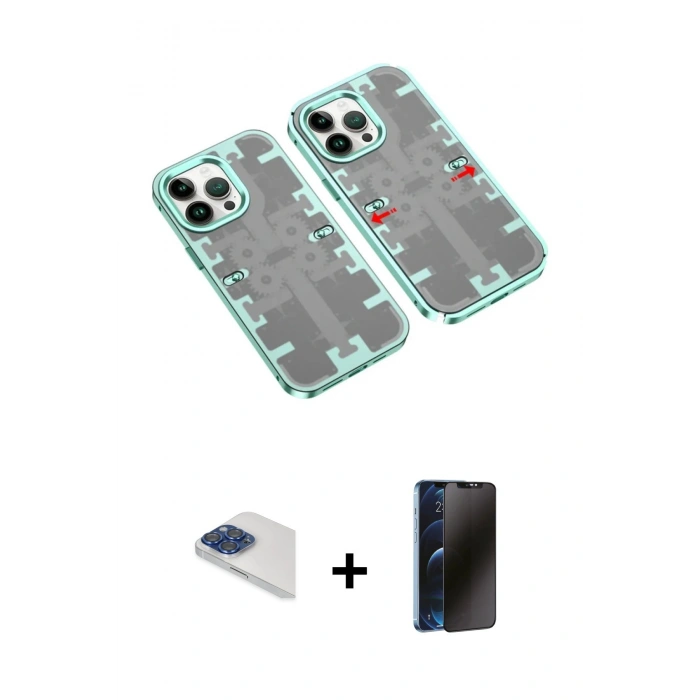 MARSİLYAN™- iPhone 13 Pro Max Kılıf Ufuk Doku Prime - Siyah 3D Antistatik Hayalet Cam Ekran Koruyucu + Pers Alüminyum Kamera Lens - LT