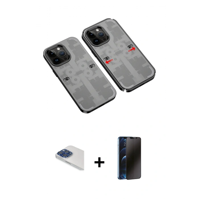 MARSİLYAN™- iPhone 13 Pro Max Kılıf Ufuk Doku Prime - Siyah 3D Antistatik Hayalet Cam Ekran Koruyucu + Pers Alüminyum Kamera Lens - LT