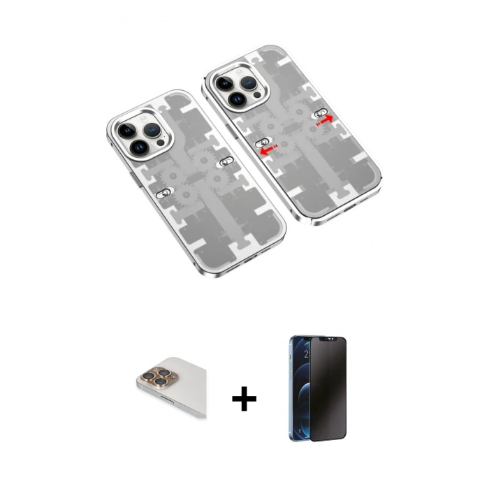 MARSİLYAN™- iPhone 13 Pro Max Kılıf Ufuk Doku Prime - Siyah 3D Antistatik Hayalet Cam Ekran Koruyucu + Pers Alüminyum Kamera Lens - GD