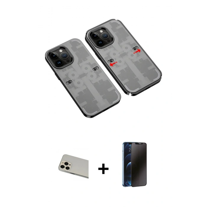 MARSİLYAN™- iPhone 13 Pro Max Kılıf Ufuk Doku Prime - Siyah 3D Antistatik Hayalet Cam Ekran Koruyucu + Rainbow Kamera Lens Koruma Cam - REGD