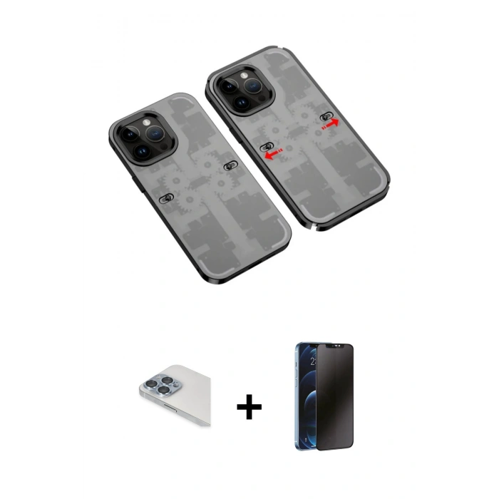 MARSİLYAN™- iPhone 13 Pro Max Kılıf Ufuk Doku Prime - Siyah 3D Antistatik Hayalet Cam Ekran Koruyucu + Pers Alüminyum Kamera Lens - SABE