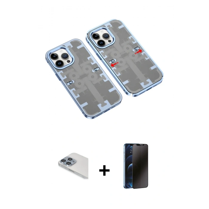 MARSİLYAN™- iPhone 13 Pro Max Kılıf Ufuk Doku Prime - Siyah 3D Antistatik Hayalet Cam Ekran Koruyucu + Pers Alüminyum Kamera Lens - SABE