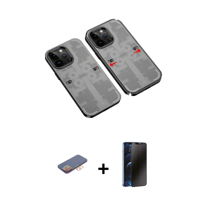 MARSİLYAN™- iPhone 13 Pro Max Kılıf Ufuk Doku Prime - Siyah 3D Antistatik Hayalet Cam Ekran Koruyucu + Renkli Kamera Lens Koruma Cam - TU