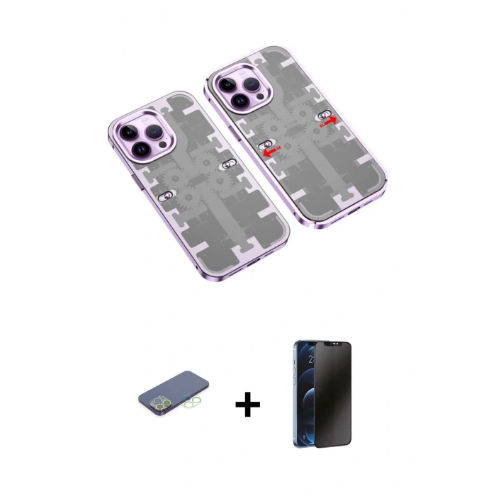 MARSİLYAN™- iPhone 13 Pro Max Kılıf Ufuk Doku Prime - Siyah 3D Antistatik Hayalet Cam Ekran Koruyucu + Renkli Kamera Lens Koruma Cam - YL