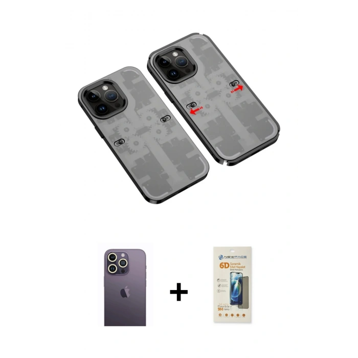 MARSİLYAN™- iPhone 13 Pro Max Kılıf Ufuk Doku Prime - Siyah 6D Mat Seramik Hayalet Nano Ekran Koruyucu + Beyaz Neon Fosforlu Kamera Lens