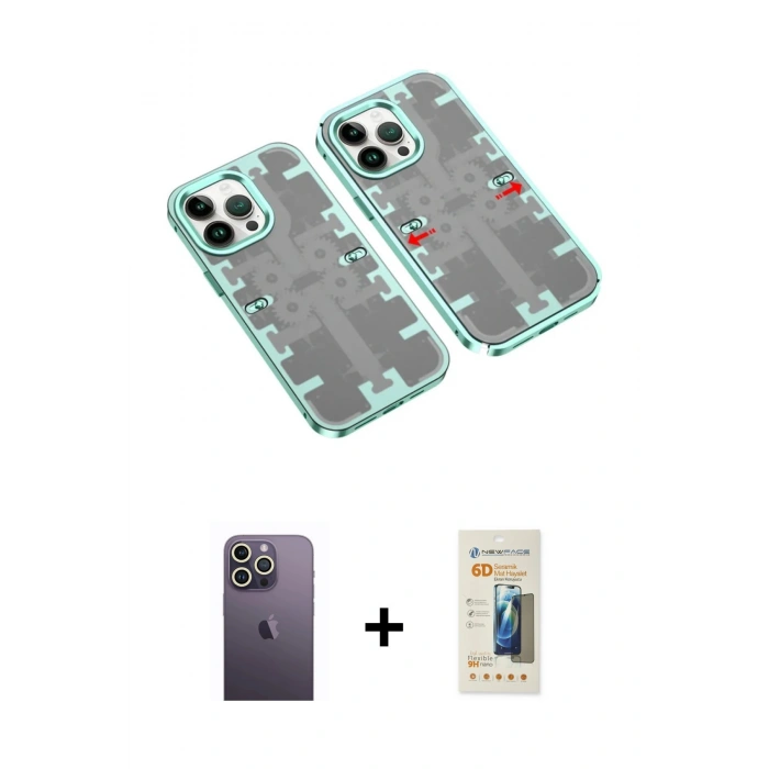 MARSİLYAN™- iPhone 13 Pro Max Kılıf Ufuk Doku Prime - Siyah 6D Mat Seramik Hayalet Nano Ekran Koruyucu + Beyaz Neon Fosforlu Kamera Lens