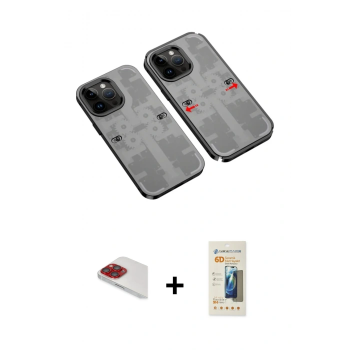 MARSİLYAN™- iPhone 13 Pro Max Kılıf Ufuk Doku Prime - Siyah 6D Mat Seramik Hayalet Nano Ekran Koruyucu + Pers Alüminyum Kamera Lens - KI