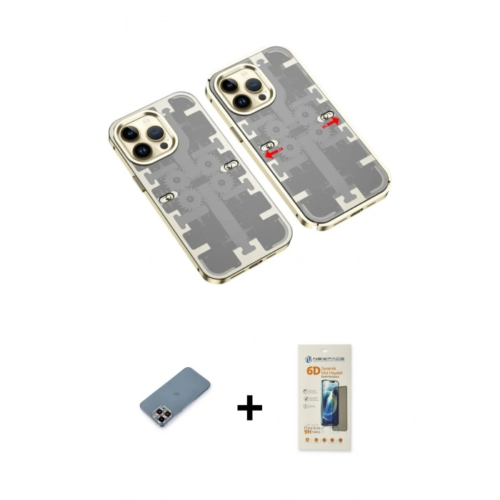 MARSİLYAN™- iPhone 13 Pro Max Kılıf Ufuk Doku Prime - Siyah 6D Mat Seramik Hayalet Nano Ekran Koruyucu + Mor Metal Kamera Lens Koruma Cam