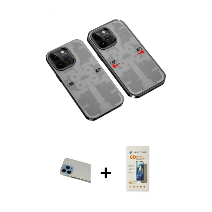 MARSİLYAN™- iPhone 13 Pro Max Kılıf Ufuk Doku Prime - Siyah 6D Mat Seramik Hayalet Nano Ekran Koruyucu + Rainbow Kamera Lens Koruma Cam - MI