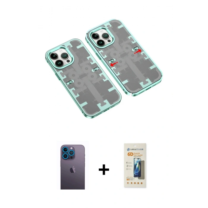 MARSİLYAN™- iPhone 13 Pro Max Kılıf Ufuk Doku Prime - Siyah 6D Mat Seramik Hayalet Nano Ekran Koruyucu + Mavi Neon Fosforlu Kamera Lens