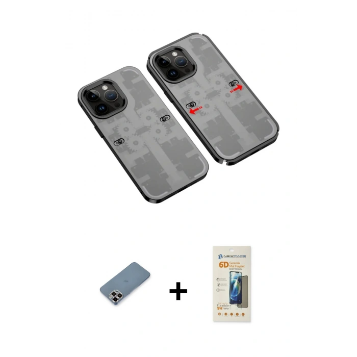 MARSİLYAN™- iPhone 13 Pro Max Kılıf Ufuk Doku Prime - Siyah 6D Mat Seramik Hayalet Nano Ekran Koruyucu + Mor Metal Kamera Lens Koruma Cam