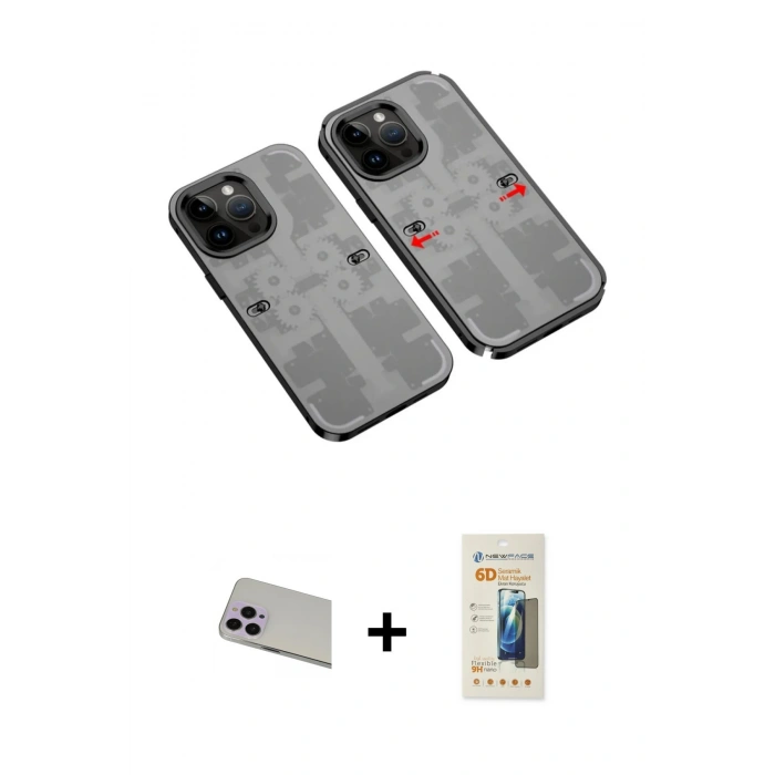 MARSİLYAN™- iPhone 13 Pro Max Kılıf Ufuk Doku Prime - Siyah 6D Mat Seramik Hayalet Nano Ekran Koruyucu + Rainbow Kamera Lens Koruma Cam - MR