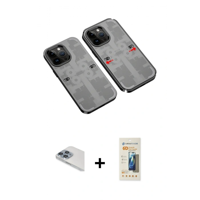 MARSİLYAN™- iPhone 13 Pro Max Kılıf Ufuk Doku Prime - Siyah 6D Mat Seramik Hayalet Nano Ekran Koruyucu + Pers Alüminyum Kamera Lens - SABE