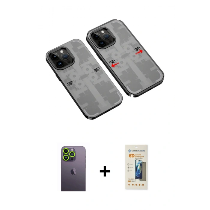 MARSİLYAN™- iPhone 13 Pro Max Kılıf Ufuk Doku Prime - Siyah 6D Mat Seramik Hayalet Nano Ekran Koruyucu + Neon Fosforlu Kamera Lens - YL