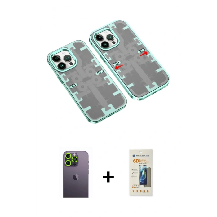 MARSİLYAN™- iPhone 13 Pro Max Kılıf Ufuk Doku Prime - Siyah 6D Mat Seramik Hayalet Nano Ekran Koruyucu + Neon Fosforlu Kamera Lens - YL