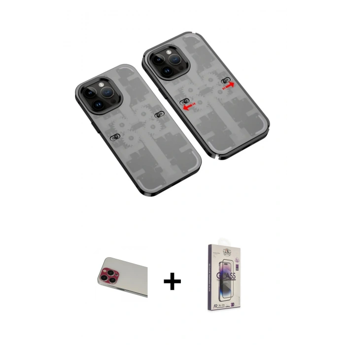 MARSİLYAN™- iPhone 13 Pro Max Kılıf Ufuk Doku Prime - Siyah Bilvis 3D Cam Ekran Koruyucu + Rainbow Kamera Lens Koruma Cam - KI