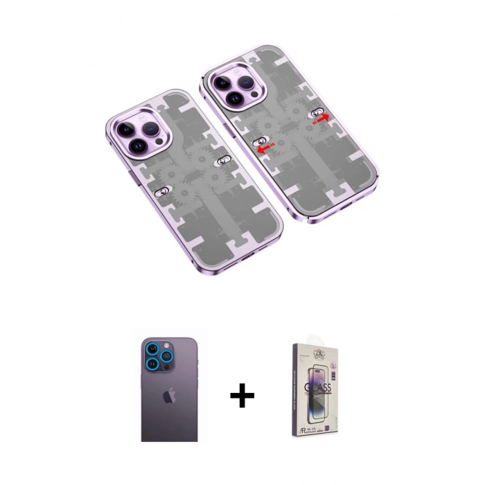 MARSİLYAN™- iPhone 13 Pro Max Kılıf Ufuk Doku Prime - Siyah Bilvis 3D Cam Ekran Koruyucu + Neon Fosforlu Kamera Lens - MI