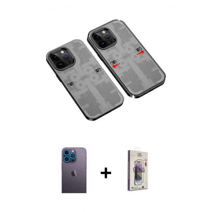 MARSİLYAN™- iPhone 13 Pro Max Kılıf Ufuk Doku Prime - Siyah Bilvis 3D Cam Ekran Koruyucu + Neon Fosforlu Kamera Lens - MI