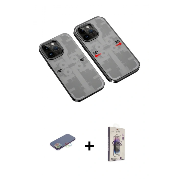 MARSİLYAN™- iPhone 13 Pro Max Kılıf Ufuk Doku Prime - Siyah Bilvis 3D Cam Ekran Koruyucu + Renkli Kamera Lens Koruma Cam - MI