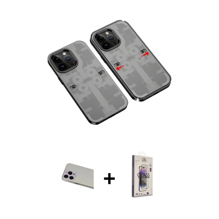 MARSİLYAN™- iPhone 13 Pro Max Kılıf Ufuk Doku Prime - Siyah Bilvis 3D Cam Ekran Koruyucu + Rainbow Kamera Lens Koruma Cam - MR
