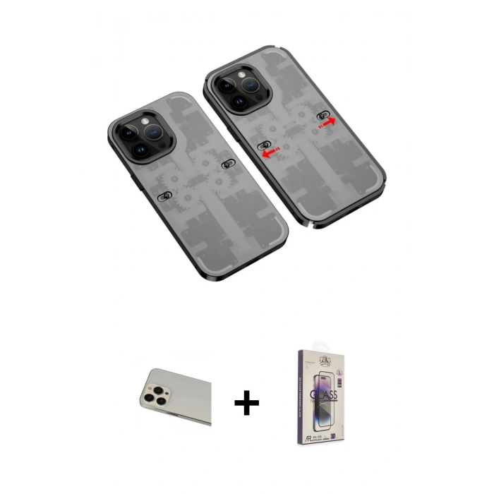 MARSİLYAN™- iPhone 13 Pro Max Kılıf Ufuk Doku Prime - Siyah Bilvis 3D Cam Ekran Koruyucu + Rainbow Kamera Lens Koruma Cam - REGD